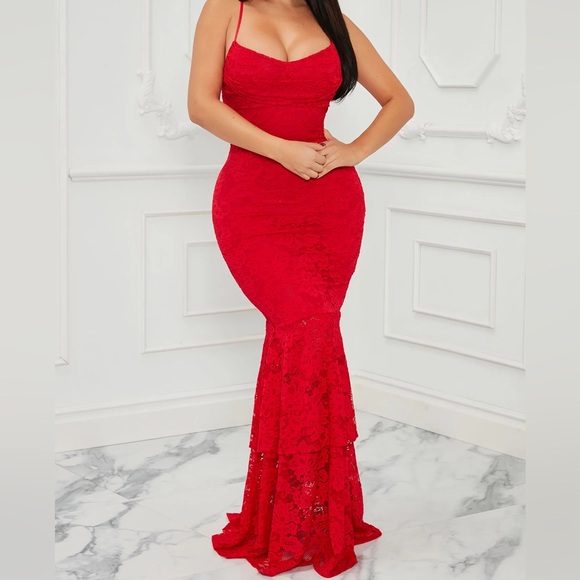 FASHION NOVA Elegant Lace Maxi Dress Red Size Small - Picture 10 of 11